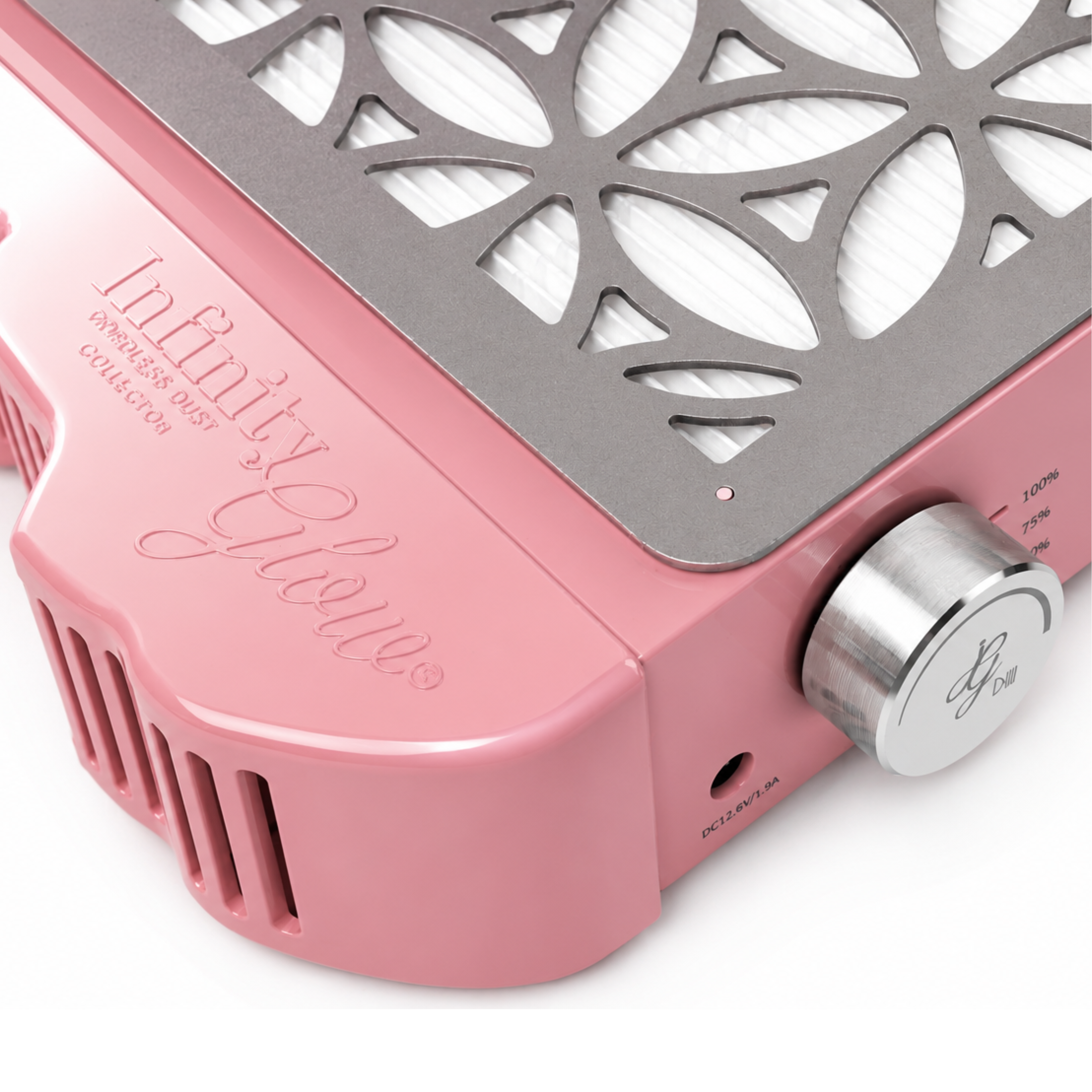 Pink: Infinity Glow Nail Dust Collector IGDC-01 in pink, ultra-flat cordless nail dust extractor-detail